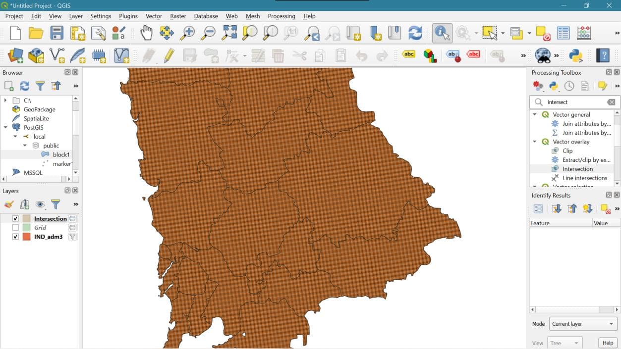 Conceptual map of Mumbai with an overlay of a uniform grid, illustrating the 500m x 500m spatial blocks.